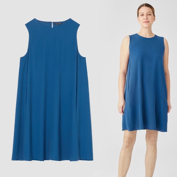 EILEEN FISHER Silk Georgette Crepe Round Neck Dress in Atlantis Blue Size XL - Picture 1 of 3